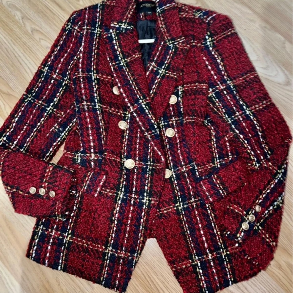 Chic Red Plaid Double-Breasted Blazer